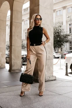 CandyTM SPODNIE SATYNOWE NA GUMĘ Z OZDOBNYM LAMPASEM BEŻOWO-CZARNE