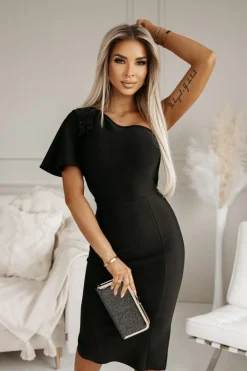 CandyTM SUKIENKA BANDAŻOWA GLORY NA JEDNO RAMIĘ ZDOBIONA CEKINAMI CZARNA