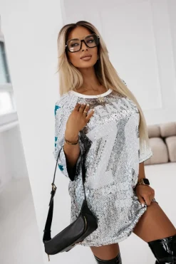 CandyTM TUNIKA CEKINOWA OVERISZE Z KRÓTKIM RĘKAWEM NO 76 BIAŁA