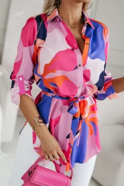 CandyTM TUNIKA KOSZULA Z PASKIEM AMERICANO W KWIATY RÓŻOWO-FIOLETOWE