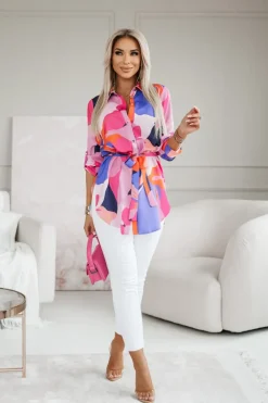CandyTM TUNIKA KOSZULA Z PASKIEM AMERICANO W KWIATY RÓŻOWO-FIOLETOWE